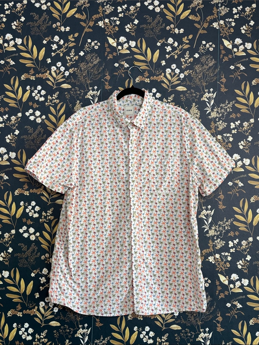 ROWM Short-Sleeve Palm Print Shirt White with Multicolor Palms Size XL